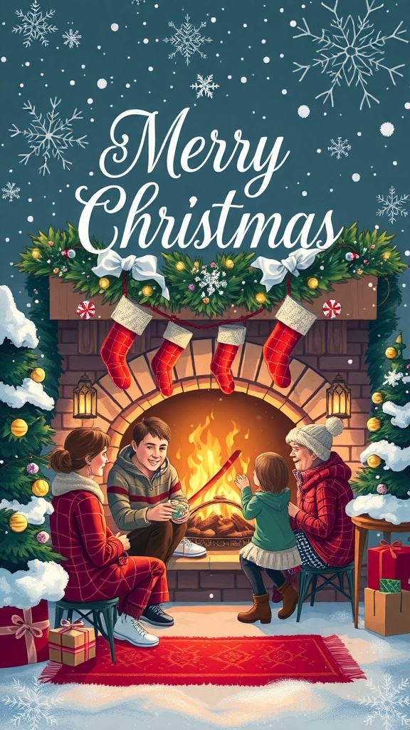 A festive Christmas card design showcasing a family by the fireplace with decorations and a 
